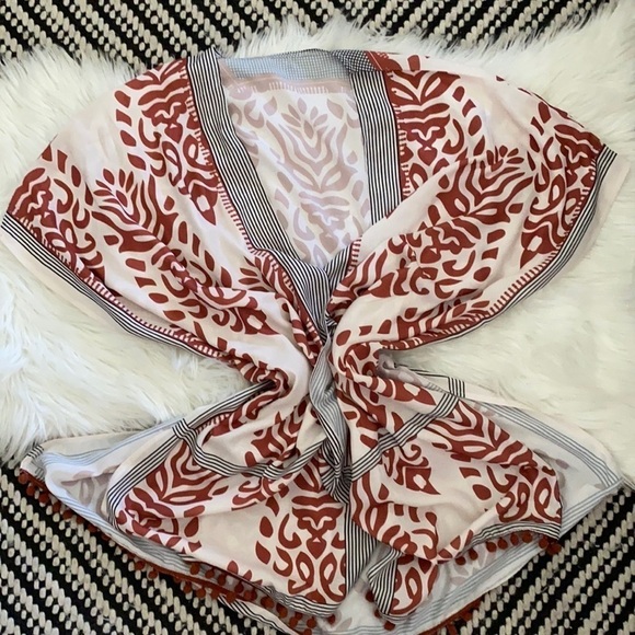 Swim cover up ball fringe rust cream and black color kimono, robe - Picture 1 of 6